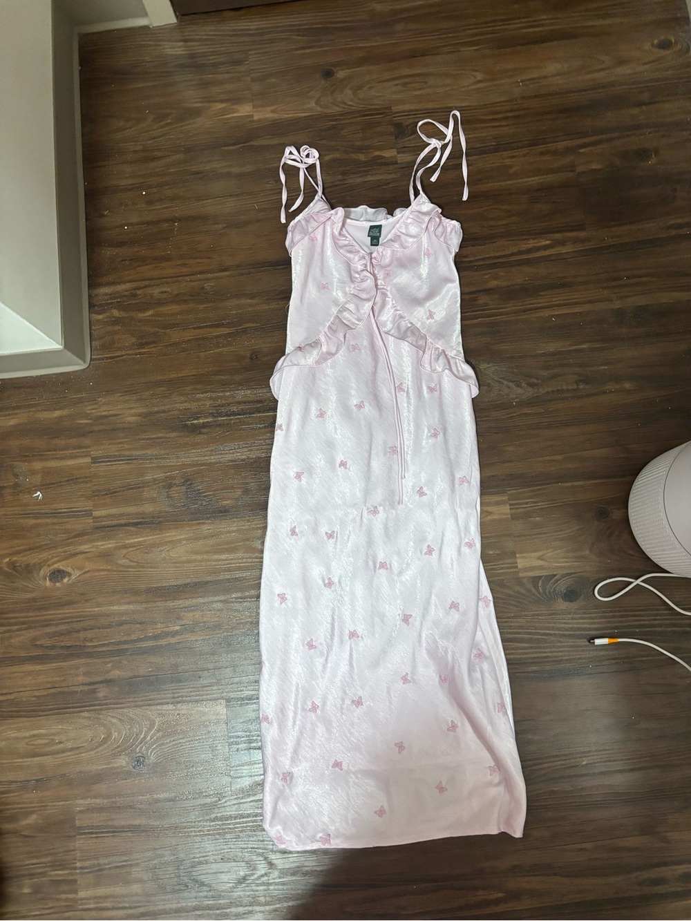 Light Pink Ruffle-Trim Maxi Slip Dress with Tie Straps